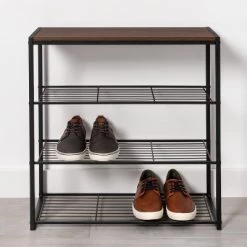 4 Tier Shoe Rack Black Metal with Walnut Wood - Brightroom™