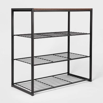 4 Tier Shoe Rack Black Metal with Walnut Wood - Brightroom™ 4 4 Tier Shoe Rack Black Metal with Walnut Wood - Brightroom™ - Image 2